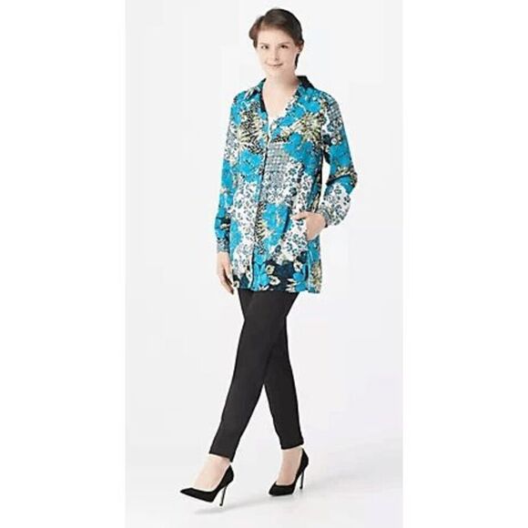 Susan Graver Womens 3X Printed Woven Button Front Long Sleeve Big Shirt Blue NWT - Picture 3 of 5